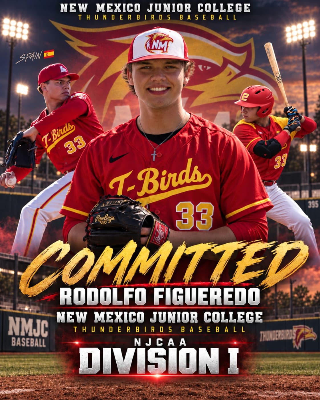 “Committed” poster of Rodolfo Figueredo, number 33, in the red New Mexico Junior College Thunderbirds uniform: baseball, NJCAA Division I.